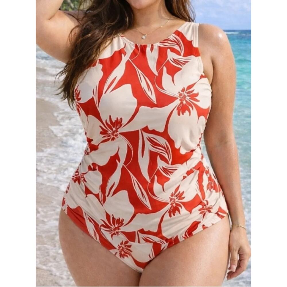 Shade And Shore Women Red Cream Floral 1 Piece Swimsuit Keyhole Back Sz 17 New